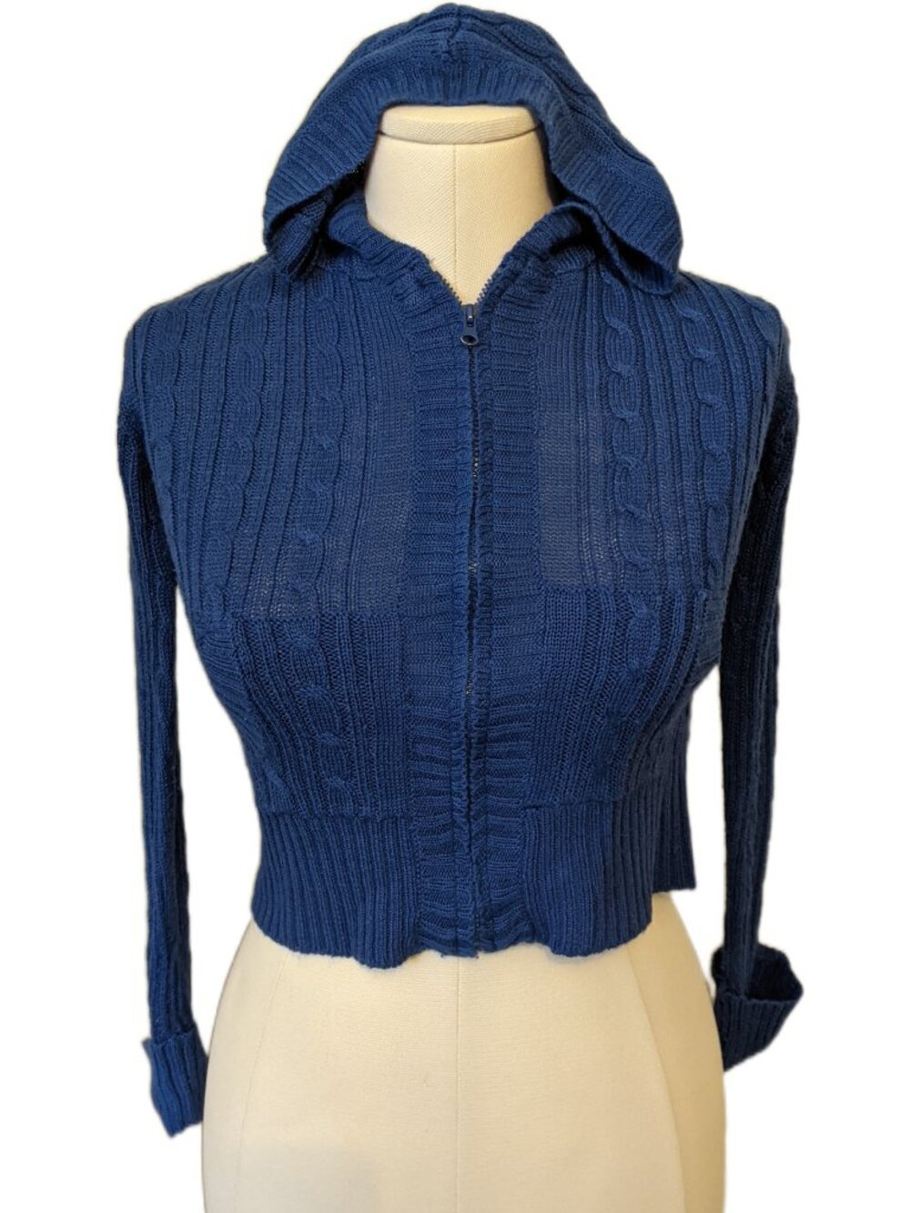 Vintage Y2K Royal Blue Cable Knit Zip Up Cropped Hooded Sweater Hoodie Cozy Fall